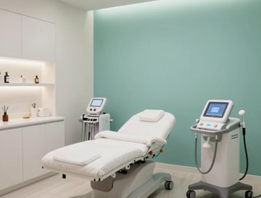 An interior shot of a contemporary North American medical aesthetic room. The space features clean white surfaces, high-tech treatment tools, and a single seafoam teal accent wall with soft lighting.