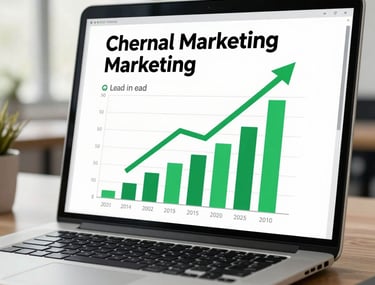 A close-up photograph of a professional marketing report on a laptop screen, showing green growth arrows and increasing lead counts, set in a bright North American office.