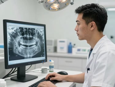 A professional North American male dental professional looking at a 3D dental scan on a computer monitor. The office is clean, bright, and utilizes professional lighting.