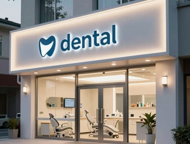 A clean photograph of a modern dental clinic exterior in a upscale North American neighborhood. The signage is professional and lit with soft, warm white lights at dusk.