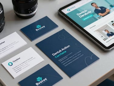 A high-resolution photo of a professional dental branding package on a desk: business cards, a brochure, and a tablet showing the practice's new website, all in a cohesive dark blue and teal theme.