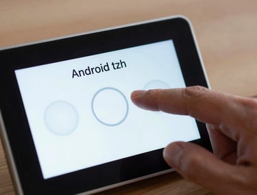 A close-up of a hand interacting with a smart thermostat via an Android app. The interface is clean and modern, featuring easy-to-read typography and simple circular sliders.