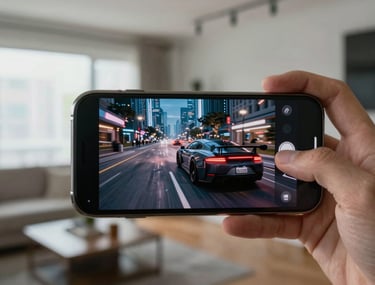 A stylized photograph of a gamer in a modern North American apartment. The focus is on the smartphone screen showing a high-speed car racing through a futuristic city at night.