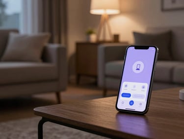 A cozy, warm photography of a modern North American living room at dusk. A smartphone on the coffee table shows a smart home app controlling the ambient lighting in soft lavender tones.