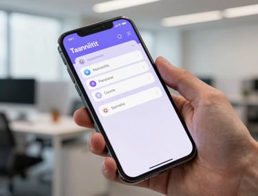 A close-up shot of an Android smartphone held by a person in a bright, modern US office. The screen displays a colorful and sleek task management interface with soft indigo and lavender accents.