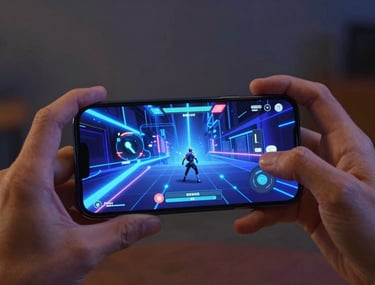 A cinematic action shot of a mobile game being played on a high-end smartphone. Vibrant blue and indigo neon lights from the game interface illuminate the player's hands in a dark, cozy room.