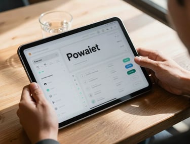 A top-down lifestyle photograph of a person using a tablet in a sunlit North American cafe. The screen shows a modern productivity dashboard with clean typography and intuitive navigation.