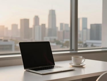 A clean, minimalist workspace with a laptop, a coffee cup, and a window overlooking a modern city skyline at sunrise. Tan and off-white tones.
