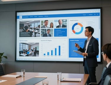 A professional presentation being given in a high-tech boardroom. The screen shows dynamic social media analytics. Steel blue and tan color palette. International corporate environment.