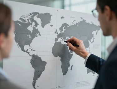 Close-up of a team analyzing complex strategy maps on a glass wall, cinematic lighting, dark navy and light grey tones. International.