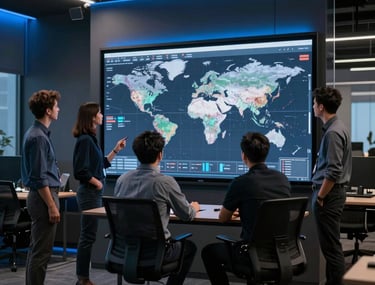 A professional team collaborating around a large digital display in a modern, dark-themed office. Accents of steel blue lighting. International setting.