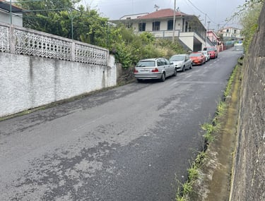 Cars parked along a narrow uphill residential street with white stone walls and houses.