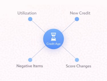 Hub and spoke diagram showing how credit age connects to utilization, new credit, negative items, an