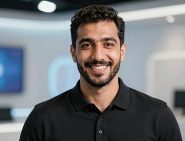 Close-up portrait of a modern Middle Eastern male professional with a friendly smile, wearing a sleek black polo shirt, in a brightly lit digital studio with soft blue bokeh highlights.