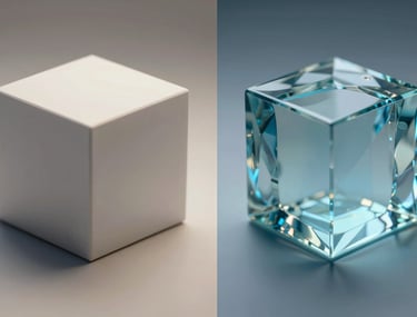Split screen photo: left side shows a low-poly 3D cube; right side shows the same cube rendered into a hyper-realistic glass sculpture with blue light.