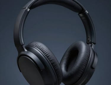 Close-up of premium, minimalist headphones with a matte black finish against a dark blue grey background. Dramatic studio lighting highlighting sleek textures in a North American / International style.