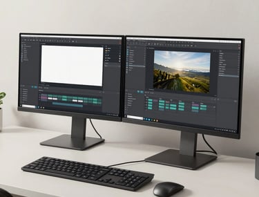 A high-end modern workstation with dual monitors displaying a clean, professional software interface. The environment is minimalist with slate and off white accents in a North American / International office.