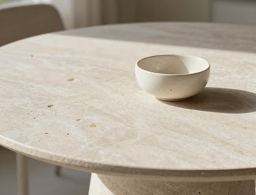 Elegant lifestyle product photography of high-end home decor on a minimalist stone table. Soft, natural morning light, off white palette, North American / International luxury style.