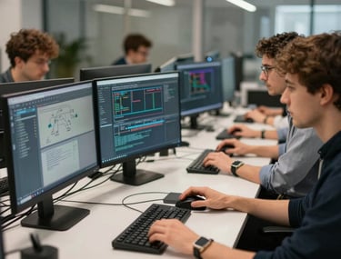 Professional team working in a modern tech environment in Paris, focusing on collaborative software development on multiple monitors.