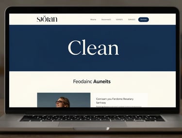 Clean, minimalist web interface design on a laptop screen, showing elegant typography and a sophisticated color palette of blue and off-white.