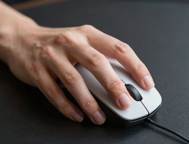 A designer's hand using a precision mouse on a dark surface, focusing on the detail of professional creative work.