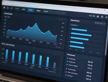 A close-up of a professional software dashboard on a high-resolution screen, displaying clean charts and data in dark navy and light blue tones, minimalist design.