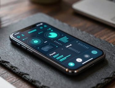 Close-up photography of a modern Android smartphone resting on a dark slate desk, screen showing a sophisticated system monitoring app with teal data visualizations. Eastern European urban setting.