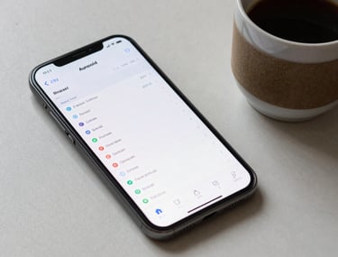 A clean shot of an Android smartphone showing a detailed inventory list with data charts, resting next to a coffee cup in a minimalist office.