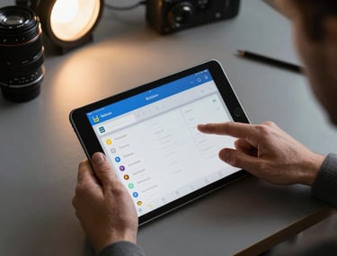 A top-down view of a Ukrainian developer's hands interacting with a mobile app interface on a tablet. The room has industrial lighting and a professional tech-focused vibe.