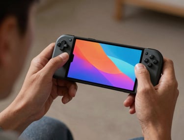 An over-the-shoulder shot of a person playing a mobile game, focusing on the vivid colors of the screen and the high-tech design of the device.