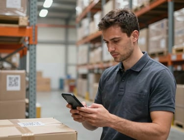 Professional photography of a logistics worker in a modern warehouse in Ukraine, using a smartphone app to scan a QR code. Natural, crisp lighting.