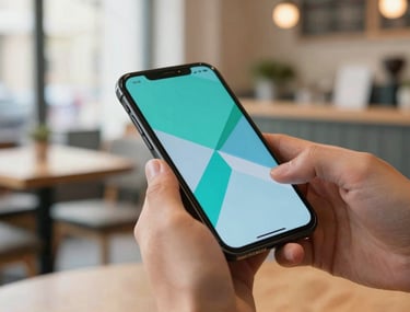 A vibrant photography of a mobile game being played on a high-resolution smartphone in a bright, modern cafe in Lviv, Ukraine. The screen shows colorful teal and light blue geometric shapes.
