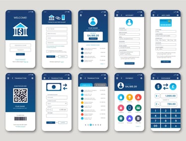 app UI kit showing login, dashboard, transaction history, and payment screens.