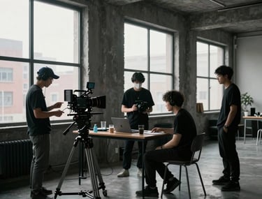 Behind-the-scenes shot of a video production team working in a minimalist urban loft. Large windows, dark gray equipment, and a focused creative atmosphere.