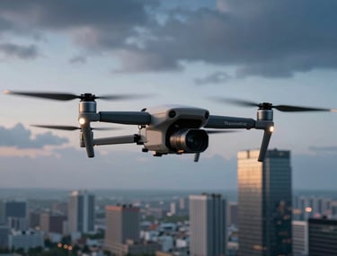 An elegant camera drone flying over a modern city landscape during twilight. High-quality aerial photography perspective with deep blues and soft light gray clouds.