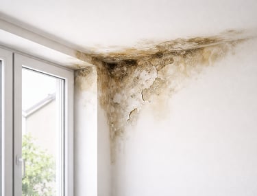 Humedad por filtración en esquina de pared y techo cerca de una ventana