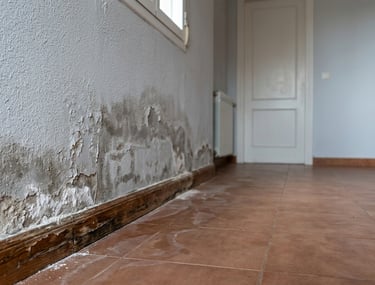 Humedad por capilaridad en la parte baja de la pared con deterioro y manchas