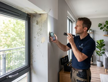 Revisar ventanas y paredes para detectar filtraciones y eliminar humedad en una habitación