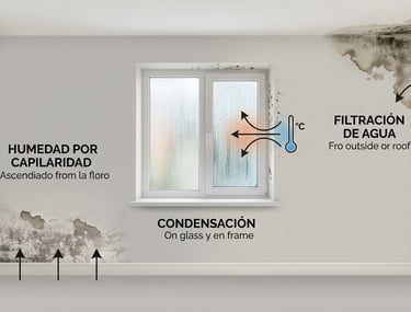 Esquema comparativo entre humedad por capilaridad, condensación y filtración