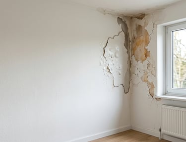 Humedad por filtración en pared con manchas localizadas cerca de una ventana