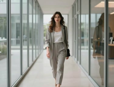 An artistic blur of a woman walking through a modern glass hallway, light grey and off-white tones, reflecting a journey through complex emotions.