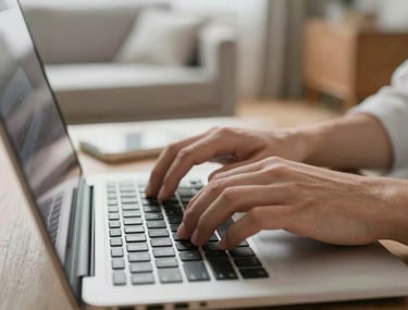Close-up of hands typing on a laptop in a bright, modern Northern European living room. The lighting is soft and natural, emphasizing a sense of seeking connection through digital screens.