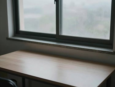 Overhead shot of a minimalist workspace with a simple desk and a window view of a grey sky, representing a space for honest self-reflection.