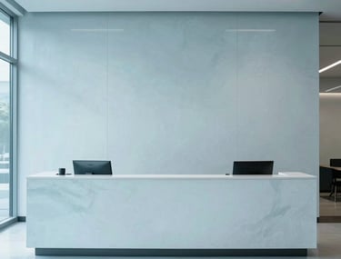 A photograph of a clean, minimalist reception area in a North American corporate headquarters. The colors are dominated by pure ice and mist blue, conveying trust and transparency.