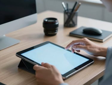 A close-up photograph of a professional in a modern North American office, working on a tablet that glows with soft sky blue light. The setting is clean and sophisticated with mist blue accents and high-end tech accessories on a wooden desk.