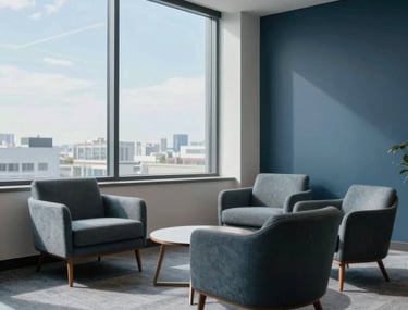 An interior shot of a sophisticated North American office lounge with mid-century modern furniture. Large windows show a clear sky, and the palette uses mist blue and slate navy.