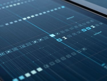 A close-up of a high-tech glass surface with digital reflections in deep navy and steel blue. The composition is abstract, modern, and suggests data flowing through secure channels.