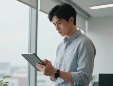 A photograph of a person in a bright North American office standing by a window, looking at a digital tablet. The room has soft lighting and a modern, airy feel with sky blue accents.