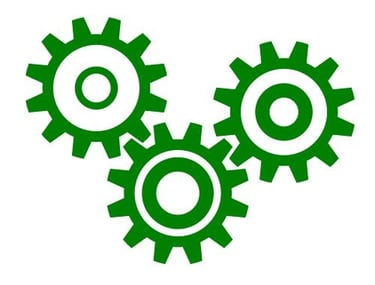 a green and white icon of three gearsets it dedicate we have best and quick response customer care