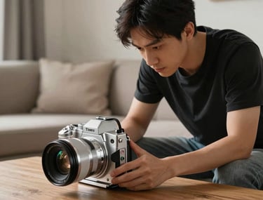 Tim fotografer sedang menata pencahayaan untuk memotret lemari hias aluminium di sebuah ruang tamu dengan pencahayaan dramatis.